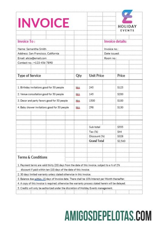 imprimível Modelo de fatura para planejador de eventos